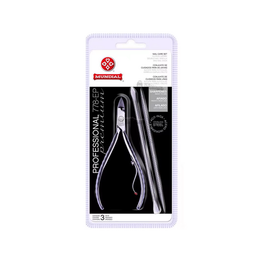 Alicate Cutículas Mundial 778 EP com Espátula e Palito: Kit para Cuticula